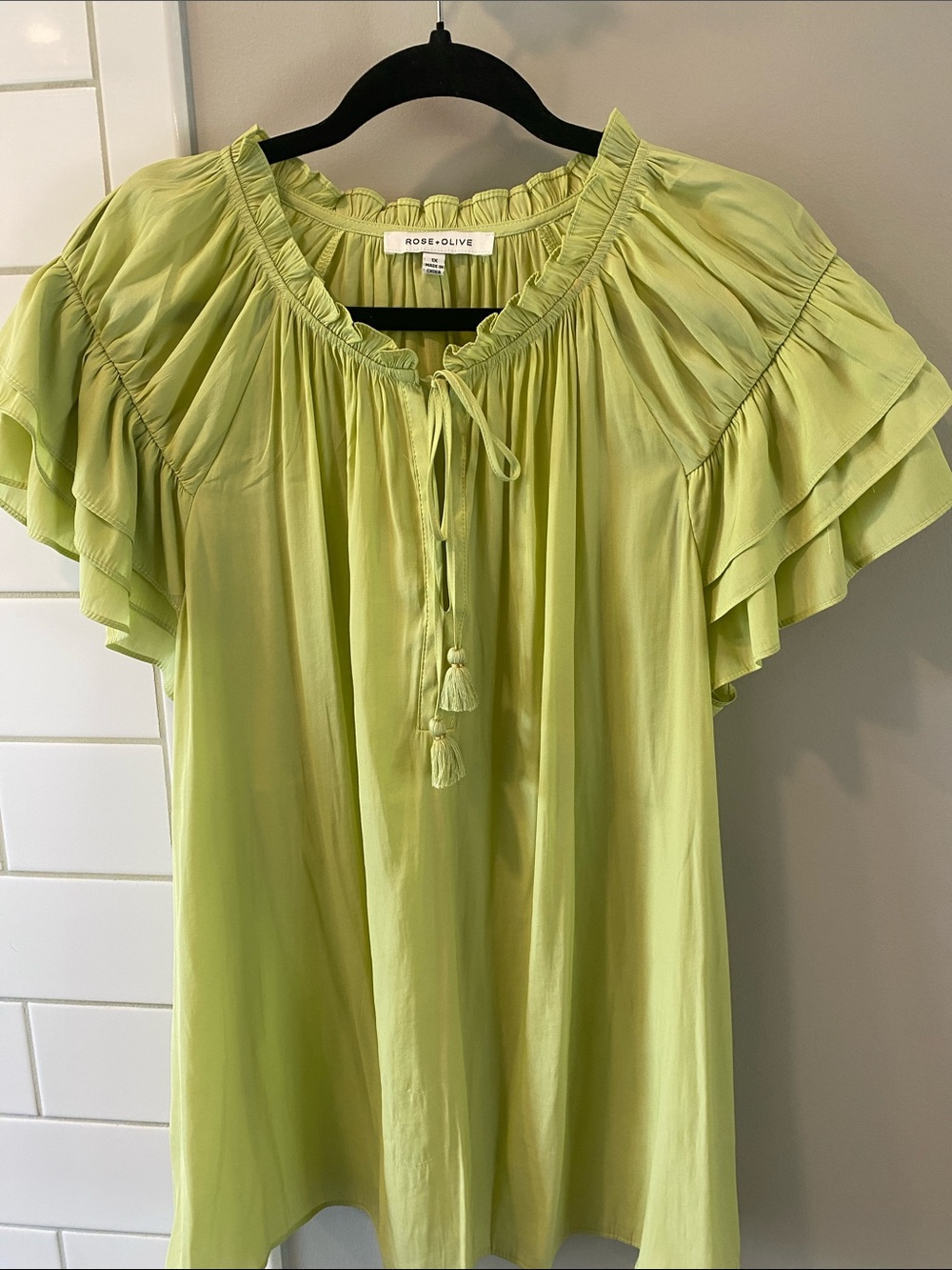 Rose & Olive Lime Ruffle Sleeve Peasant Top